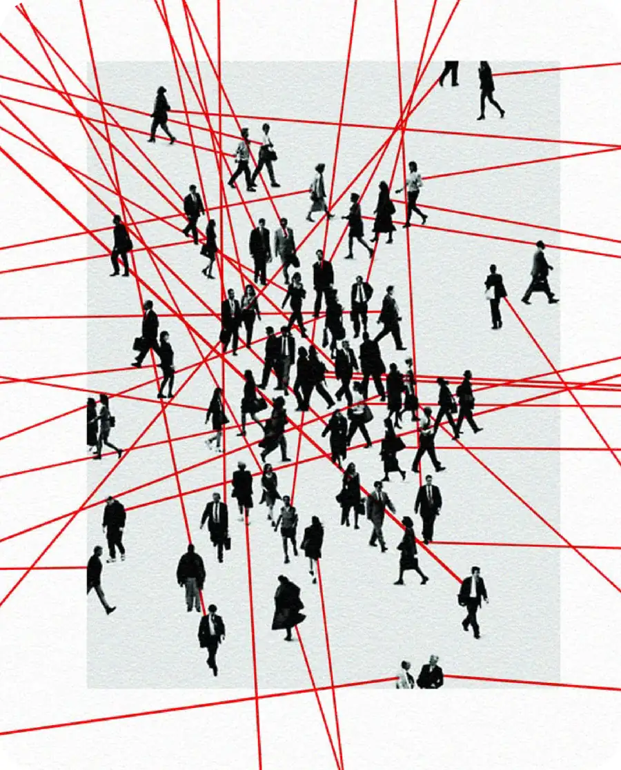 Ilustração de uma multidão atravessada por dezenas de linhas vermelhas cruzadas